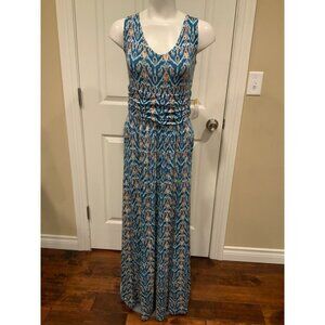 Vanessa Virginia Blue White Orange Geometric Long Maxi Dress Size Medium Petite
